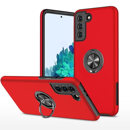 Red shockproof phone case with magnetic ring holder, grippy TPU edges, camera cutouts
