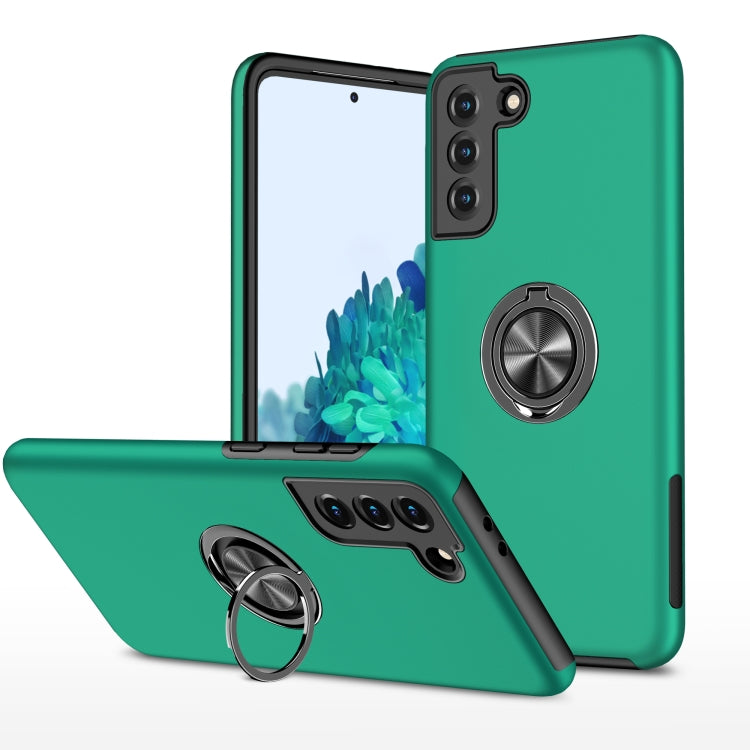 Teal green shockproof phone case with magnetic ring holder and camera lens covers