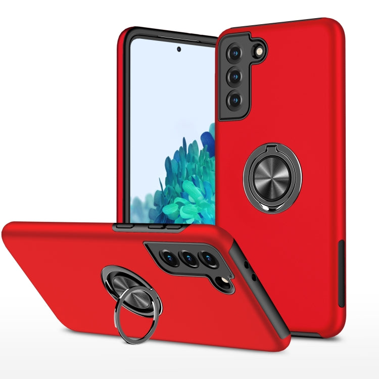 Red shockproof phone case with magnetic ring holder and raised camera protection