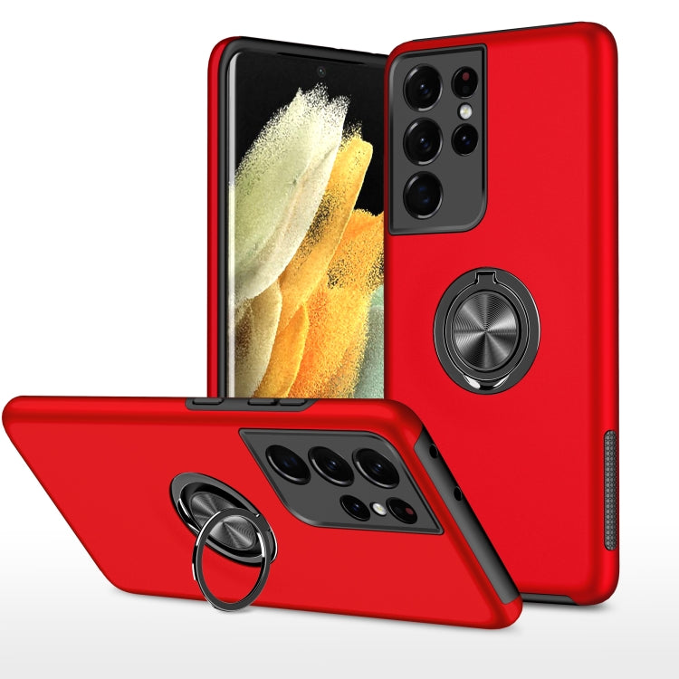 Red shockproof phone case with magnetic ring holder and raised camera protection