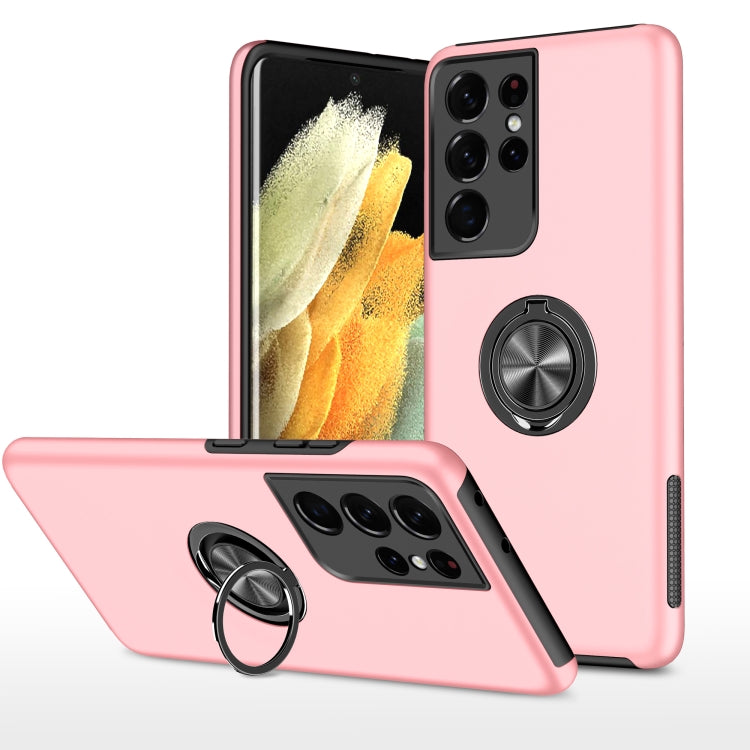 Pink shockproof TPU phone case with magnetic ring holder on back