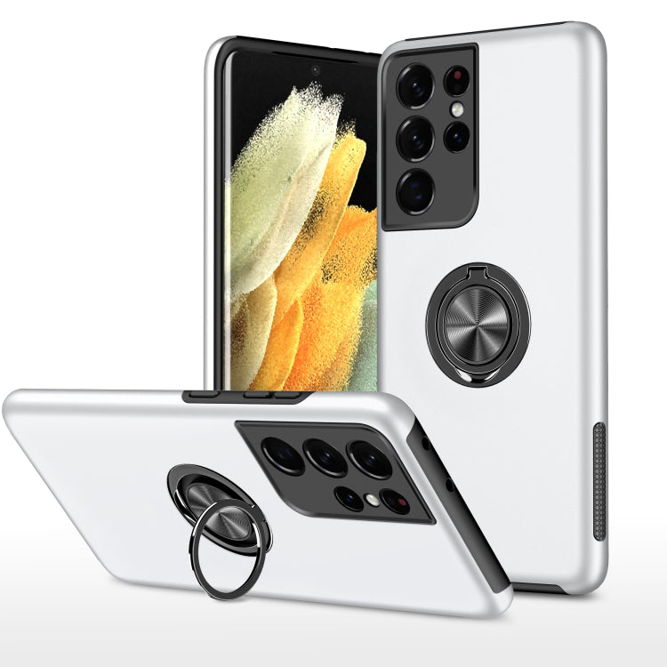 Clear phone case with magnetic ring holder and shockproof bumper, silver-toned.