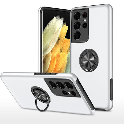 Clear phone case with magnetic ring holder and shockproof bumper, silver-toned.
