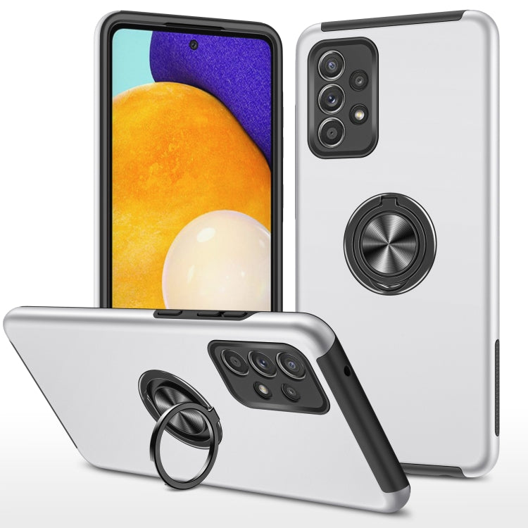 Gray phone case with magnetic ring holder, shockproof bumper, back cameras visible.
