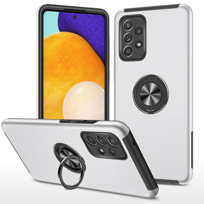 Gray phone case with magnetic ring holder, shockproof bumper, back cameras visible.