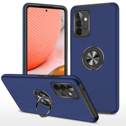 Blue phone case with magnetic ring holder and shockproof bumper, back cameras visible.