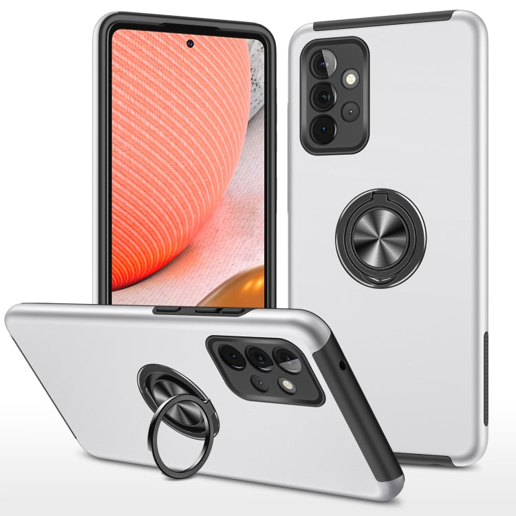 White phone case with magnetic ring holder and shockproof bumper, side buttons visible.