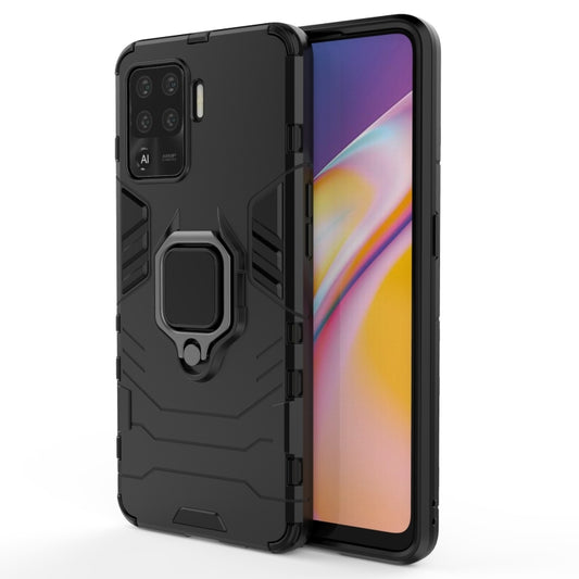 Rugged black phone case with magnetic ring holder, shockproof PC+TPU bumper