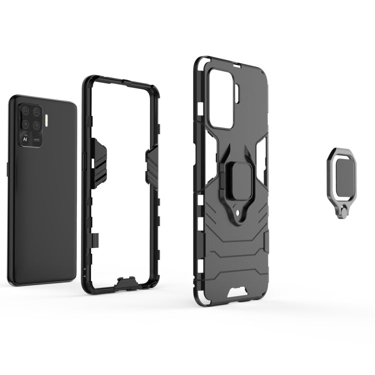 Rugged black protective phone case with magnetic ring holder and bumper frame parts