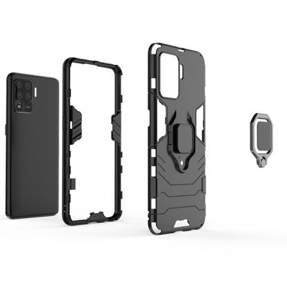 Rugged black protective phone case with magnetic ring holder and bumper frame parts