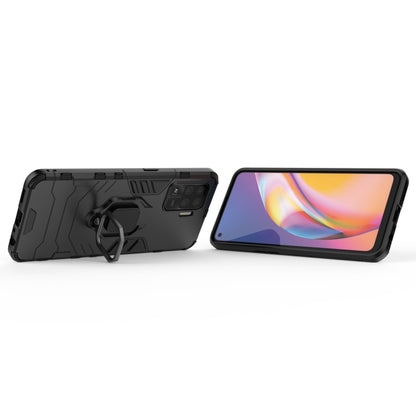 Rugged black phone case with magnetic ring holder and fold-out kickstand