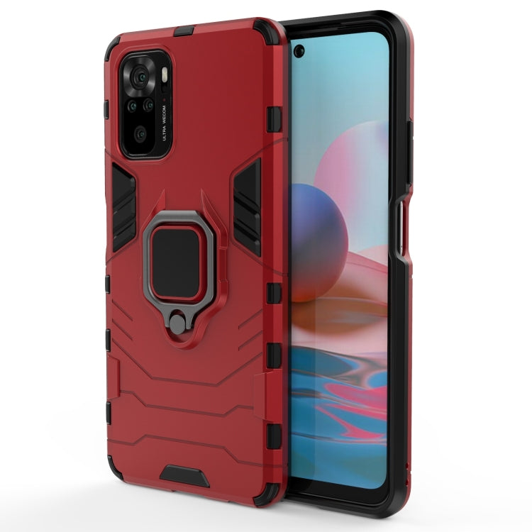 Red shockproof phone case with magnetic ring holder, raised screen lip, camera cutouts