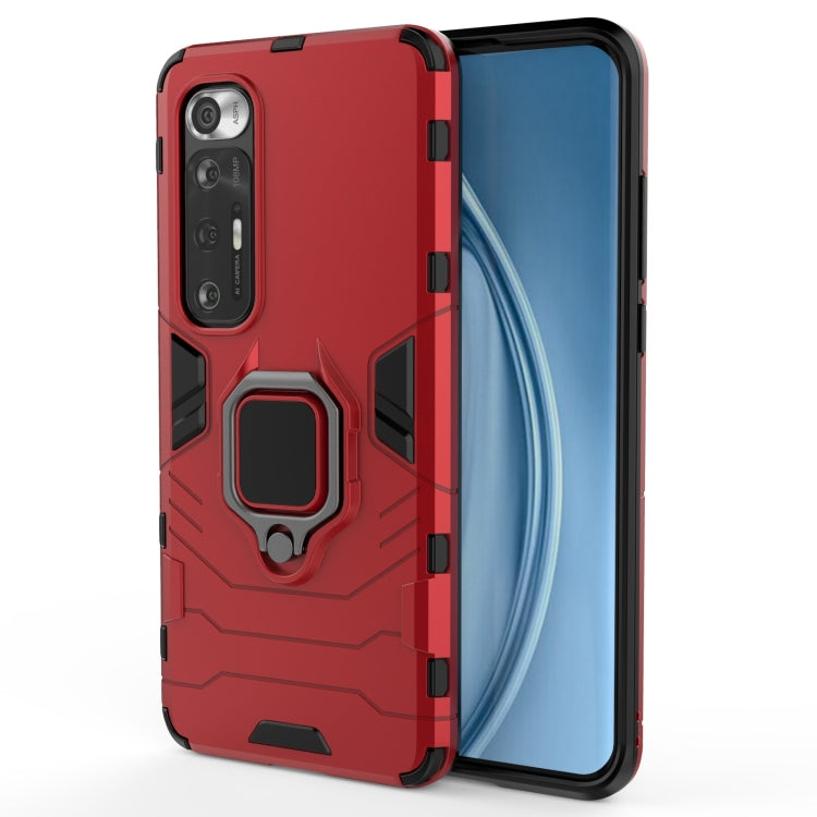 Red shockproof phone case with magnetic ring holder, side button cutouts