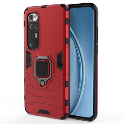 Red shockproof phone case with magnetic ring holder, side button cutouts