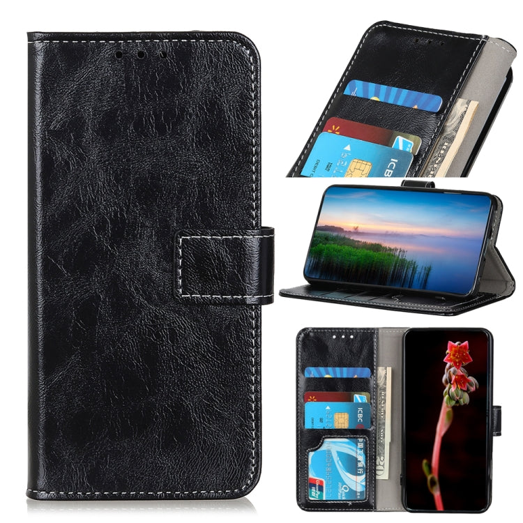 Black leather wallet flip phone case with card slots and screen stand