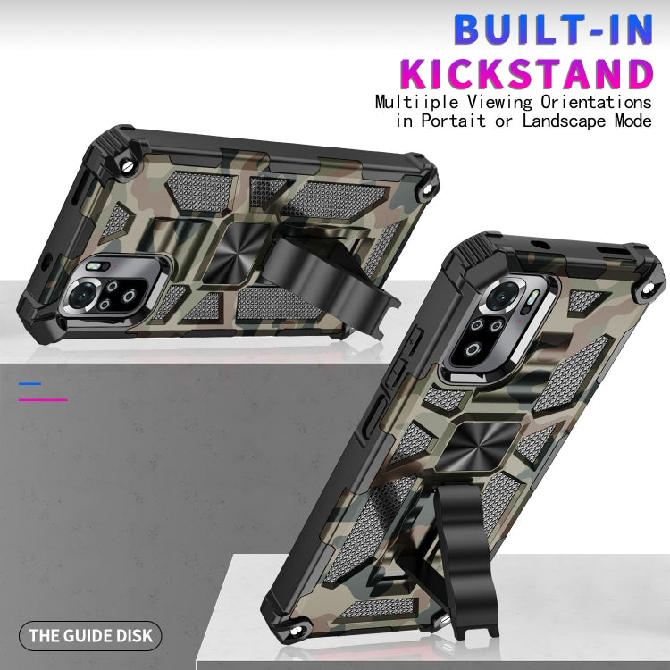Army green camouflage rugged phone case with built-in kickstand for portrait viewing