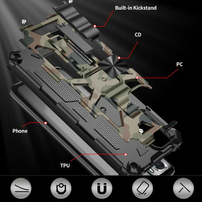 Camouflage armored case showing TPU and PC layers with built-in kickstand support