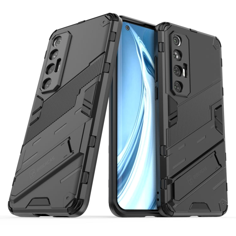 Black armored phone case with invisible holder; phone screen visible through front.