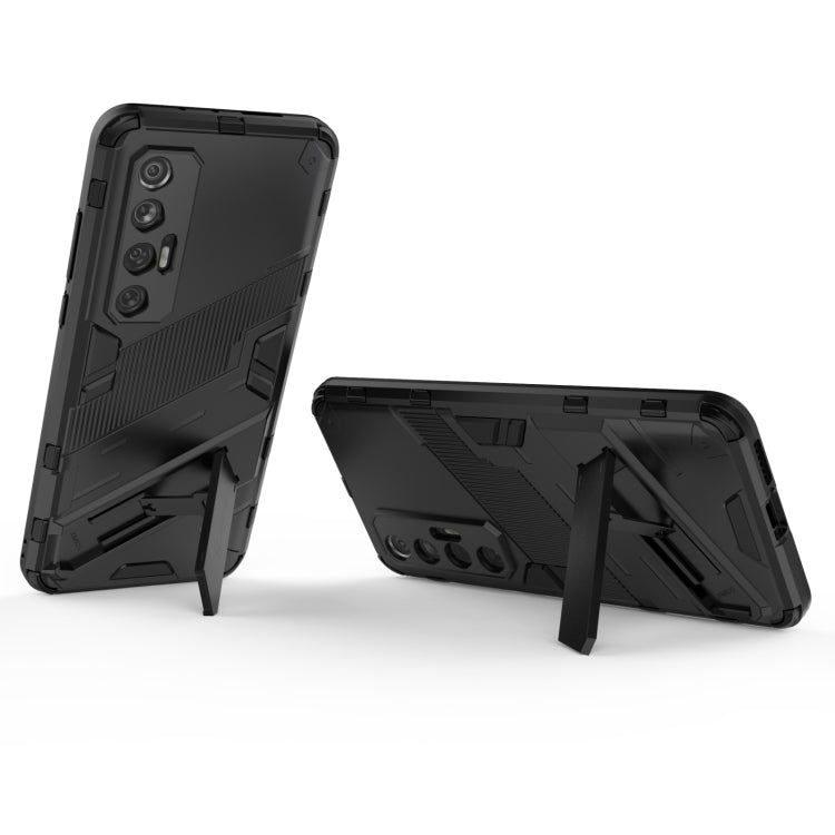 Black phone case with built-in stand for viewing; back and hinged kickstand shown.