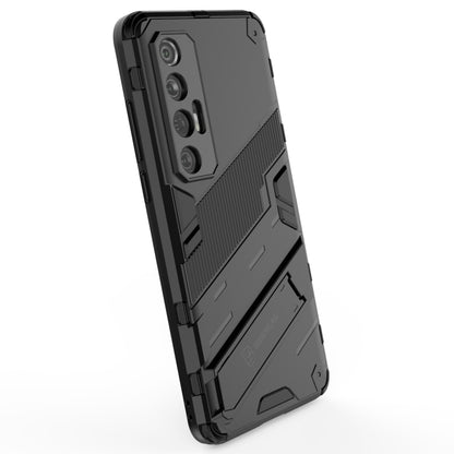 Black armored phone case back with rugged ridges and camera module cutouts.