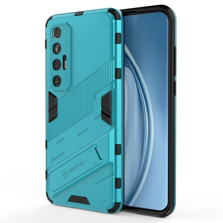 Rugged 2-in-1 phone case with TPU shockproof cover, light teal with side grip accents.