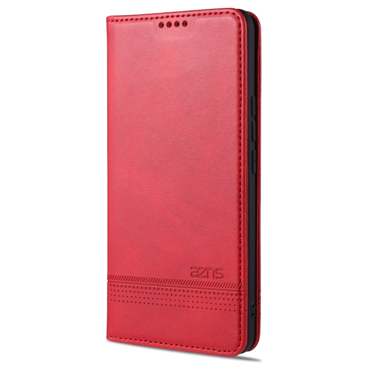 Red flip phone case in leather with card slot openings and stitched edges