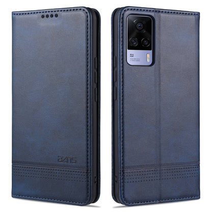 Dark blue flip leather wallet phone case with stitched borders and camera cutout