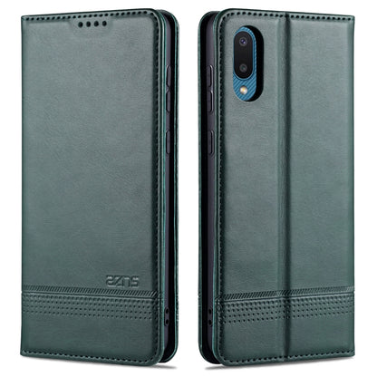 Dark green leather flip phone case with magnetic closure and camera cutout, front and back
