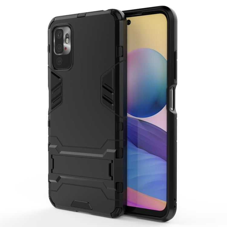Shockproof rugged phone case with hidden holder, black PC+TPU, raised edges, cutouts