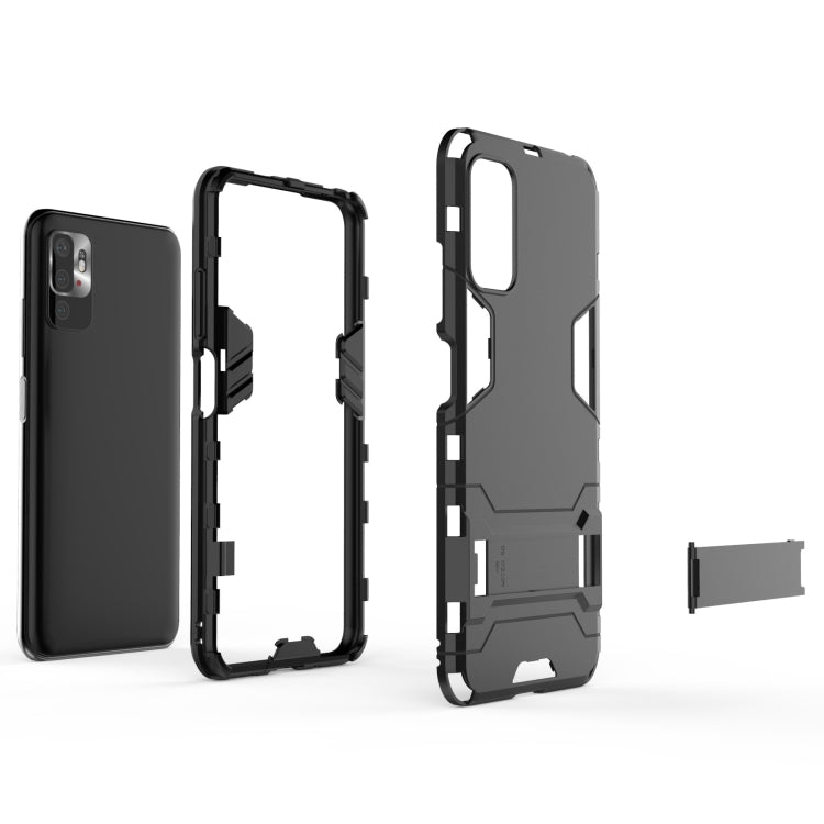 Shockproof rugged phone case with hidden holder, black PC+TPU, front/back and open frame
