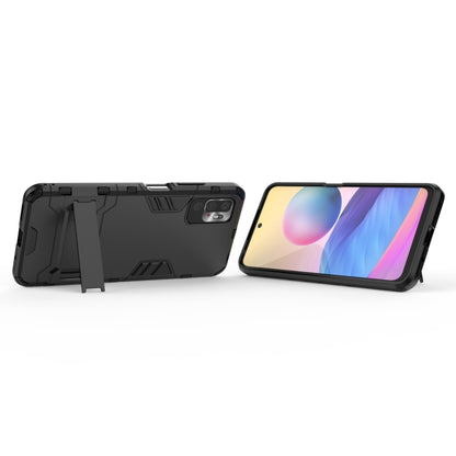Shockproof rugged phone case with hidden holder, black PC+TPU, phone in case, side view