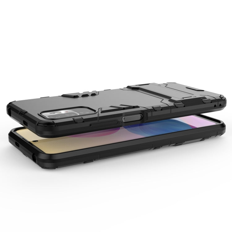 Shockproof rugged phone case with hidden holder, black PC+TPU, top and side profile