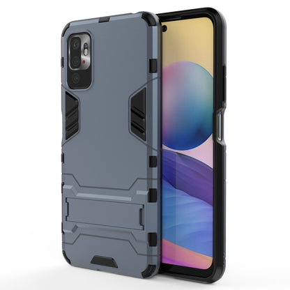 Shockproof rugged phone case with hidden holder, navy blue PC+TPU, front and back view