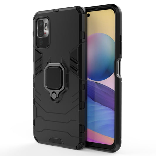 Black shockproof phone case with TPU bumper and magnetic ring stand holder