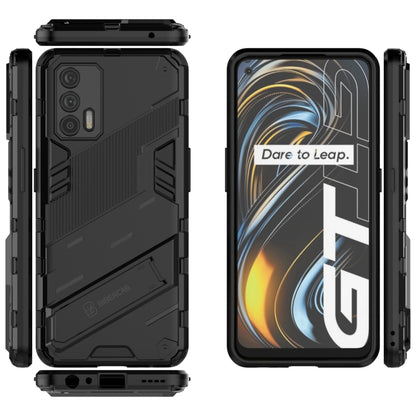 Black rugged 2-piece phone case with kickstand and side button openings