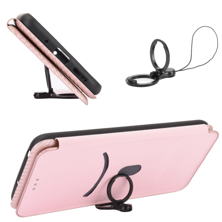 Pink flip phone case with carbon-fiber texture and kickstand support