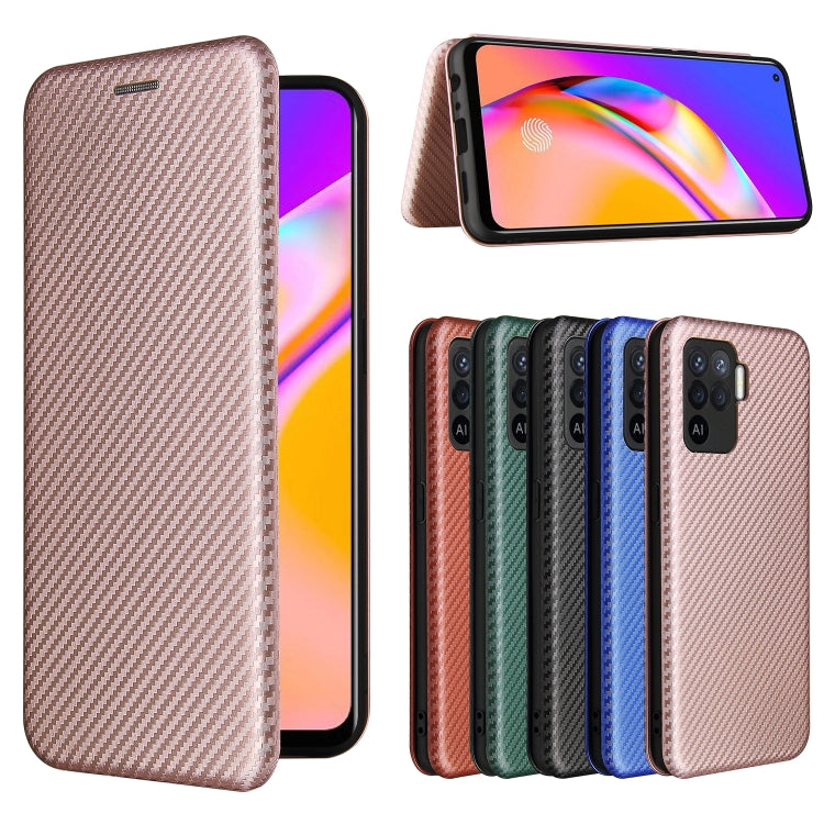 Brown carbon-fiber textured horizontal flip phone case with magnetic closure