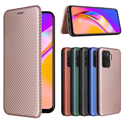 Brown carbon-fiber textured horizontal flip phone case with magnetic closure