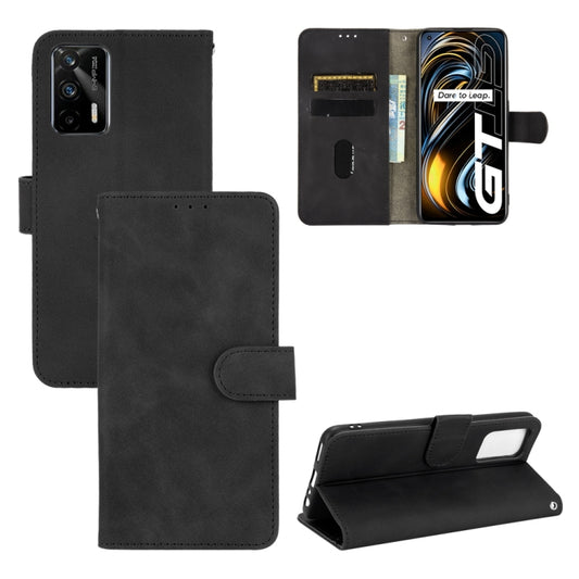 Black PU leather flip phone case with magnetic buckle, card slots, and stand