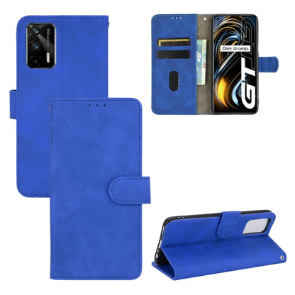Blue PU leather flip phone case with magnetic buckle, card slots, and stand
