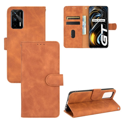 Brown PU leather flip phone case with magnetic buckle, card slots, and stand