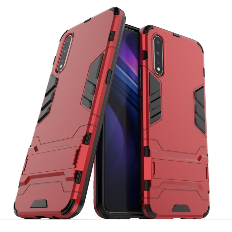 Rugged red shockproof phone case, front and back views with raised camera cutout