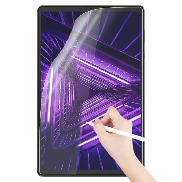 Matte paperfeel screen protector on tablet display with hand applying