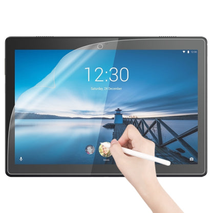 Matte paperfeel screen protector installation on tablet, hand smoothing edges