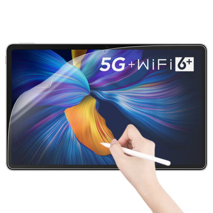 Matte paperfeel tablet screen protector on black-framed tablet, stylus glides over film