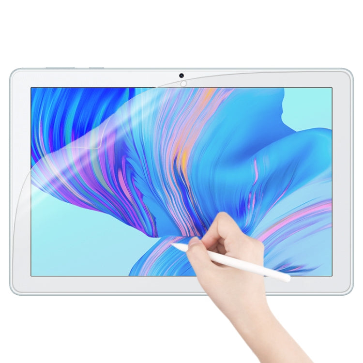 Matte paperfeel tablet screen protector on white-framed tablet, hand smooths surface