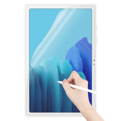 Matte paperfeel tablet screen protector on light-framed tablet, hand smooths with stylus