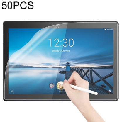 Tablet screen protector film applied, with hand using a stylus