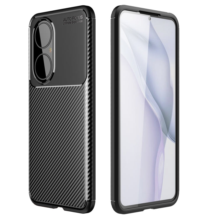 Black TPU phone case with carbon fiber texture, shockproof corners, camera cutouts