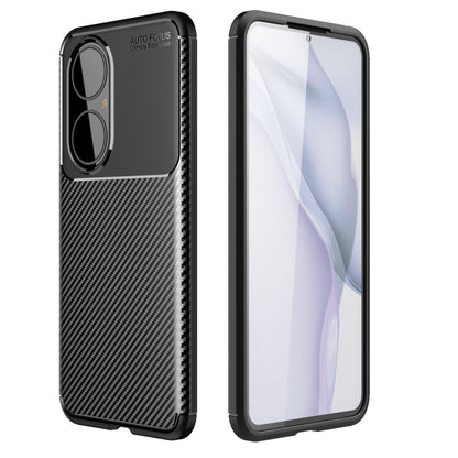 Black TPU phone case with carbon fiber texture, shockproof corners, camera cutouts